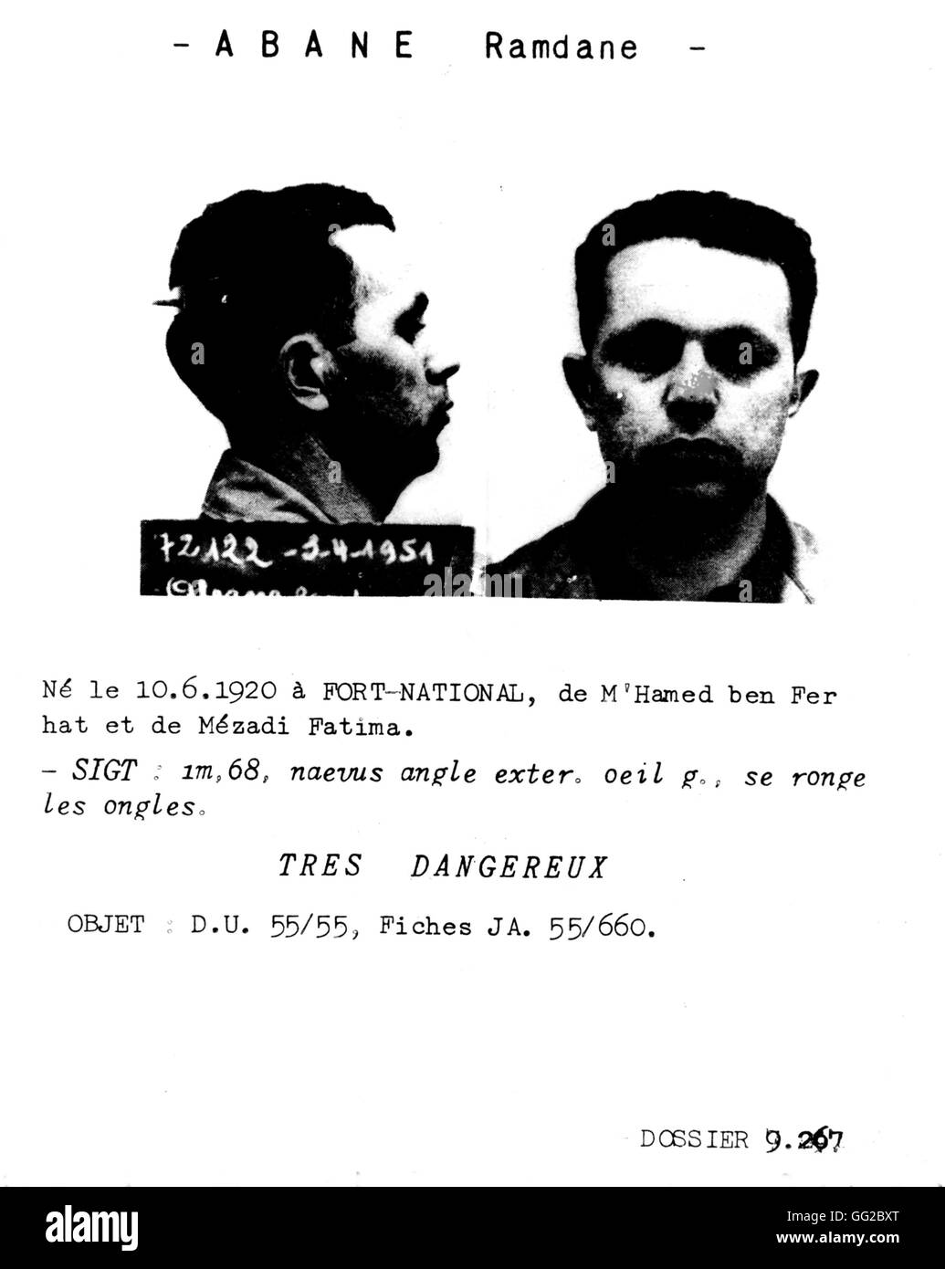 Carte de recherches policières sur Abane Ramdane, chef politique de la révolution 1954-1962 France - guerre d'Indépendance algérienne Banque D'Images