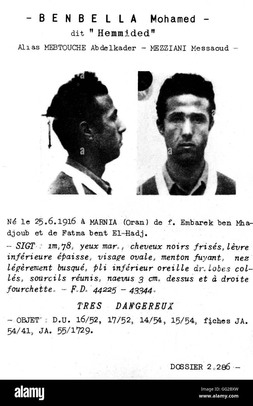 Carte de recherches policières au sujet de Ben Bella 1954-1962 France - guerre d'Indépendance algérienne Banque D'Images