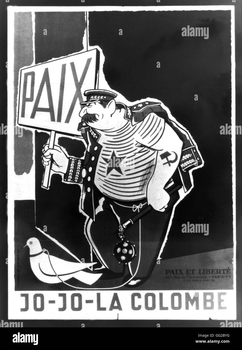 Affiche de propagande pour le mouvement "Paix et Liberté" (la paix et la liberté). Dessin animé satirique à propos de Staline et ses propositions pour la paix : 'Jo-Jo-la colombe' 1952 France Washington-Library du Congrès Banque D'Images
