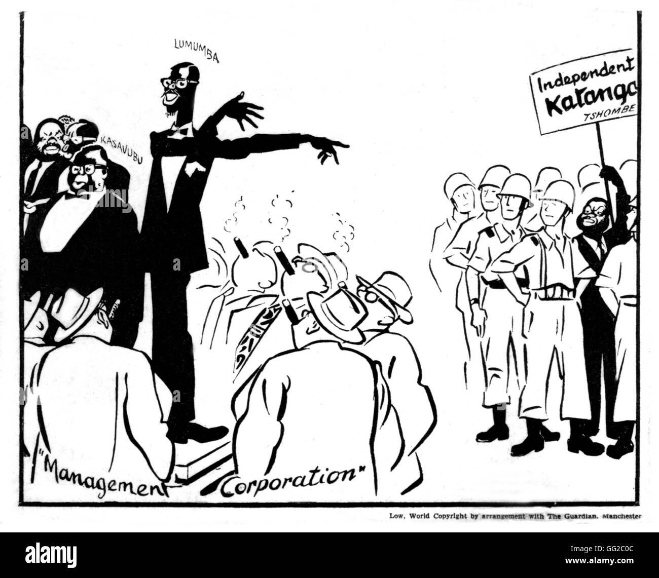 Katanga. Caricature publiée dans le "Manchester Guardian" : Lumumba, Kasabubu et Tshombé 1961 Congo (Zaïre) Banque D'Images
