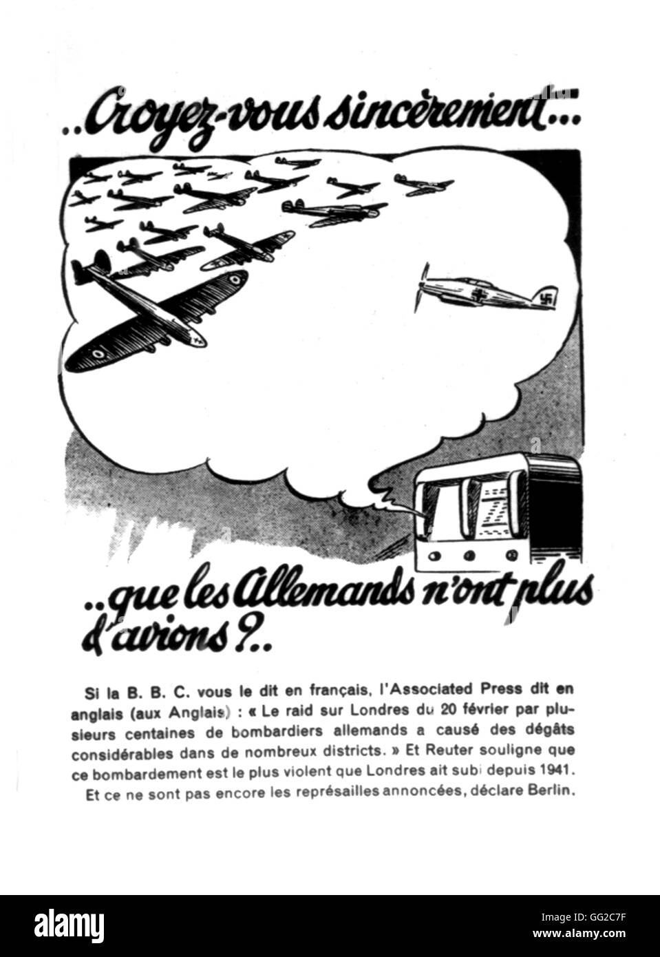 Contre-propagande notice dénonçant les actualités diffusées par la B.B.C. en Français France 1944 - Seconde Guerre mondiale Banque D'Images