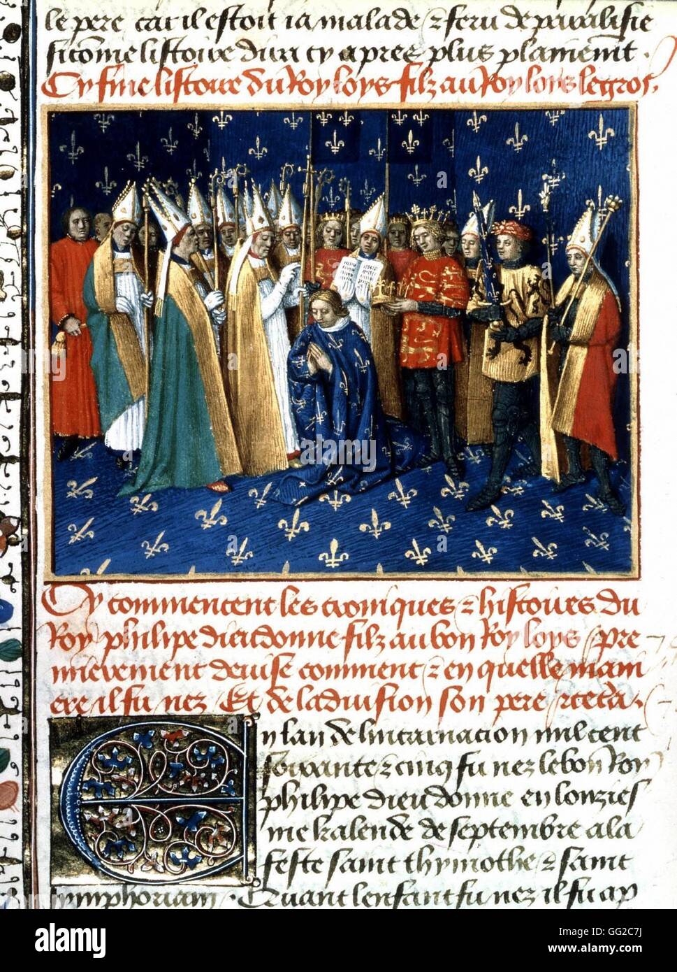 Par Jean Fouquet. Chroniques de Saint Denis. Couronnement de Philippe Auguste dans la Cathédrale de Reims, en présence du Duc de Normandie, fils d'Henry II d'Angleterre (1 novembre 1179). 15e C France Paris. Bibliothèque Nationale Banque D'Images