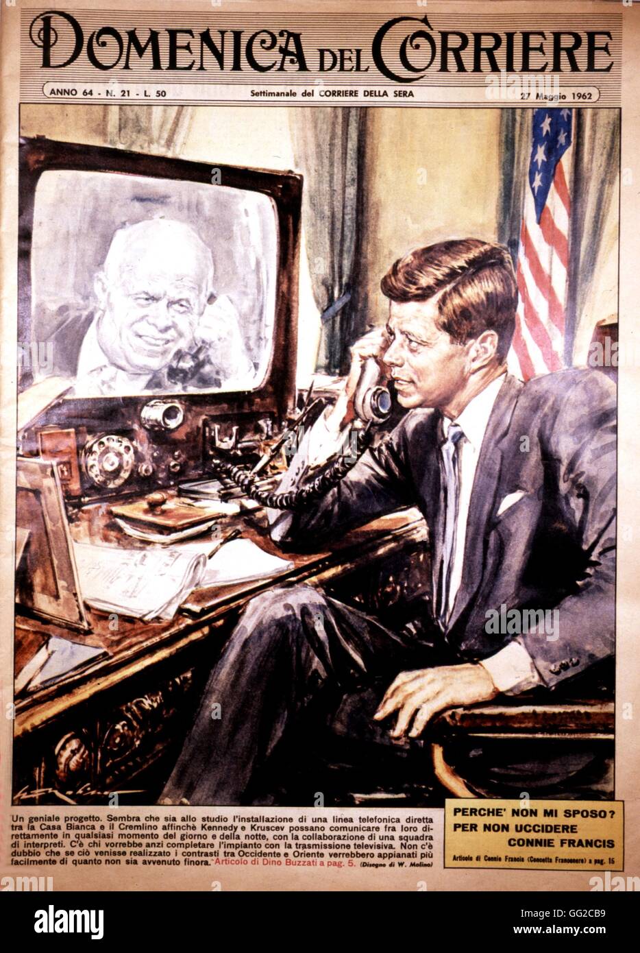 Le téléphone rouge rouge, ligne directe entre le Kremlin et la Maison Blanche. J.F. Kennedy et Khrouchtchev sur la couverture de 'Domenica del Corriere" daté du 27 mai 1962 États-Unis - URSS. Collection privée Banque D'Images