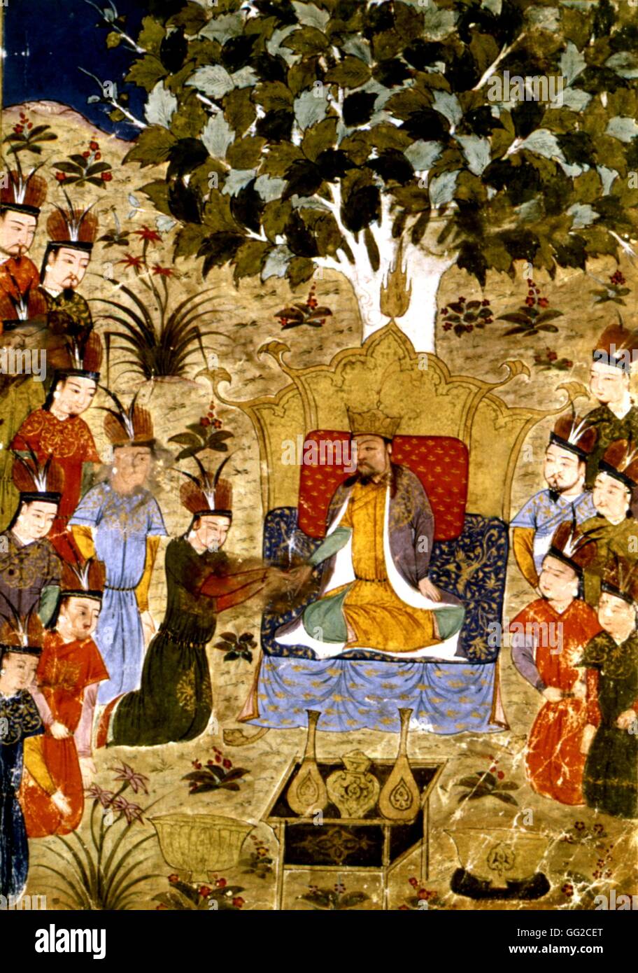 Manuscrit persan illustré de 106 tableaux : 'Jami'al Tawarikh" par Rachid ad-Dîn (Histoire des Mongols). Nomination de Gengis Khan, le troisième fils Ogodai (1229-1241). Son frère est lui tenant la main. 14ème siècle de l'école persane Banque D'Images