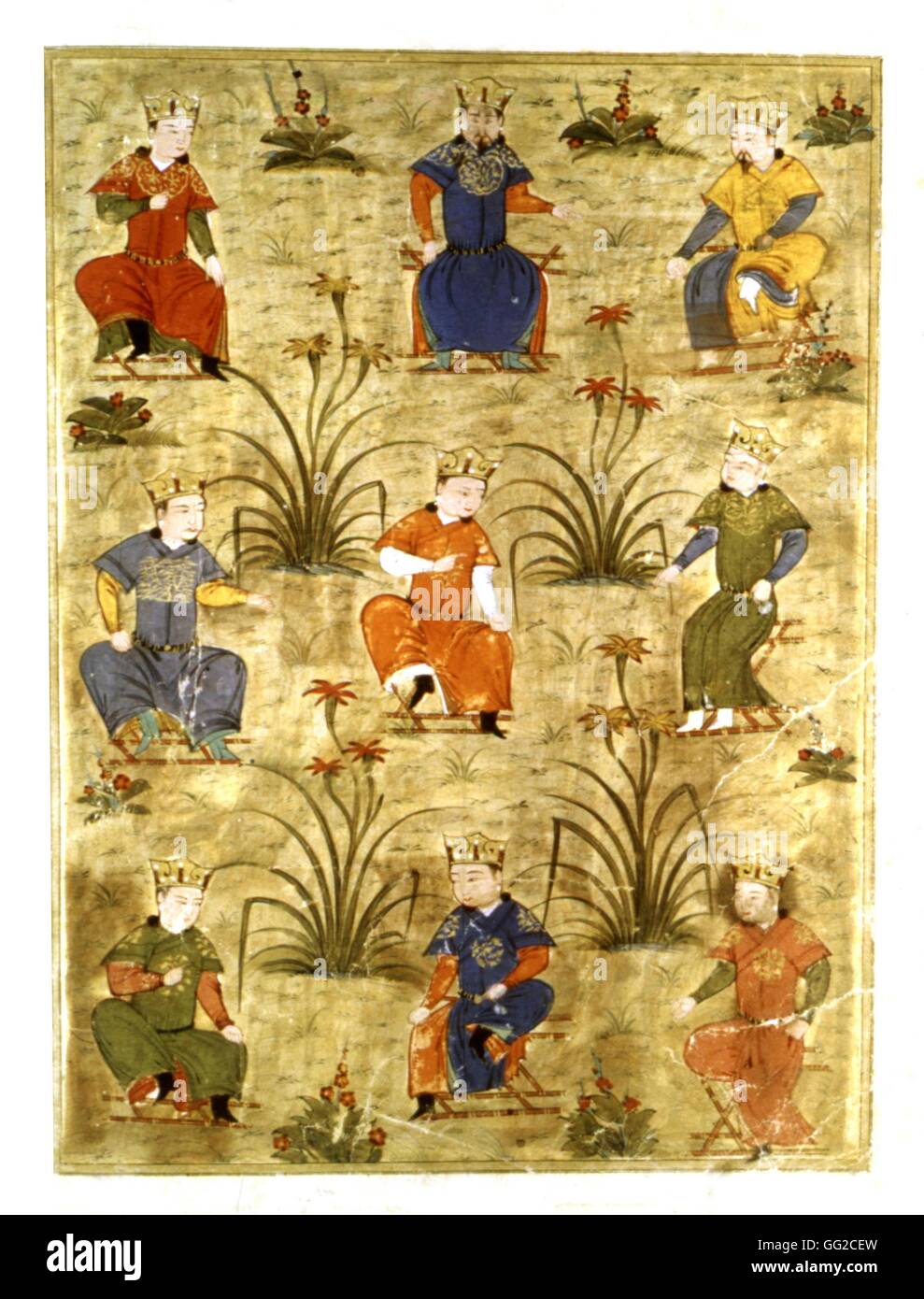 Manuscrit persan illustré de 106 tableaux : 'Jami'al Tawarikh" par Rachid ad-Dîn (Histoire des Mongols). Les neuf fils de Tolui Khan, quatrième fils de Gengis Khan. 14ème siècle de l'école persane Banque D'Images