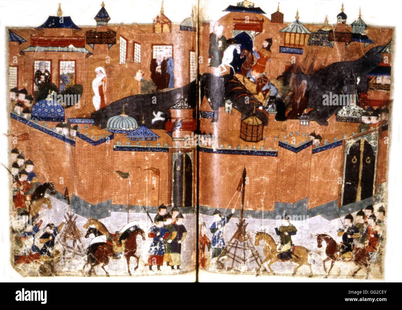 Manuscrit persan illustré de 106 tableaux : 'Jami'al Tawarikh" par Rachid ad-Dîn (Histoire des Mongols). Prise de Bagdad (février 1258) par le petit-fils de Gengis Khan. 14ème siècle de l'école persane Banque D'Images