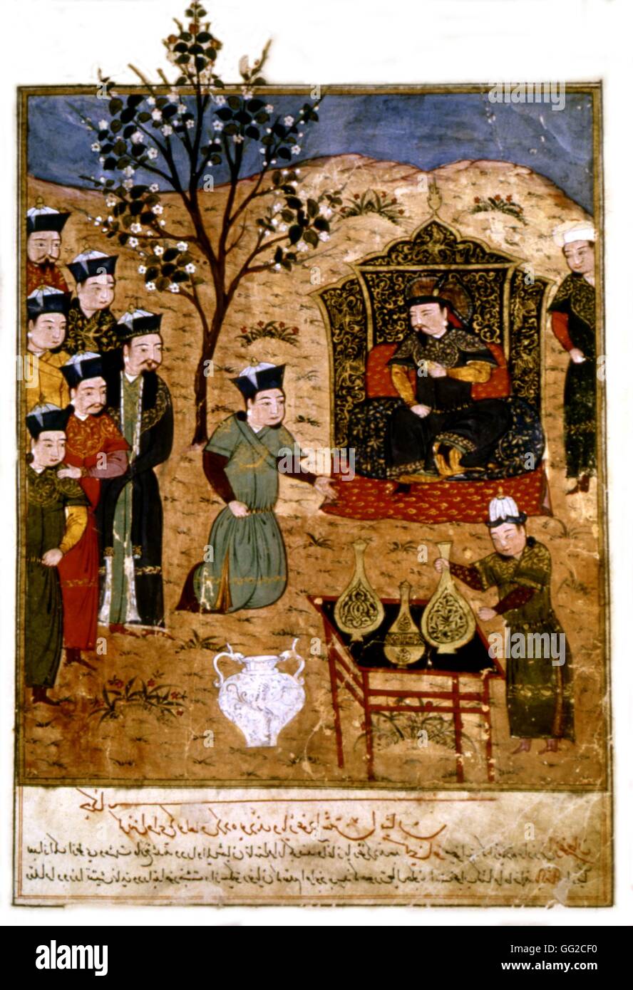 Manuscrit persan illustré de 106 tableaux : 'Jami'al Tawarikh" par Rachid ad-Dîn (Histoire des Mongols). Kaikhatou Khan, frère du souverain de Perse, les tribunaux dissidents après la mort de son frère. 14ème siècle de l'école persane Banque D'Images