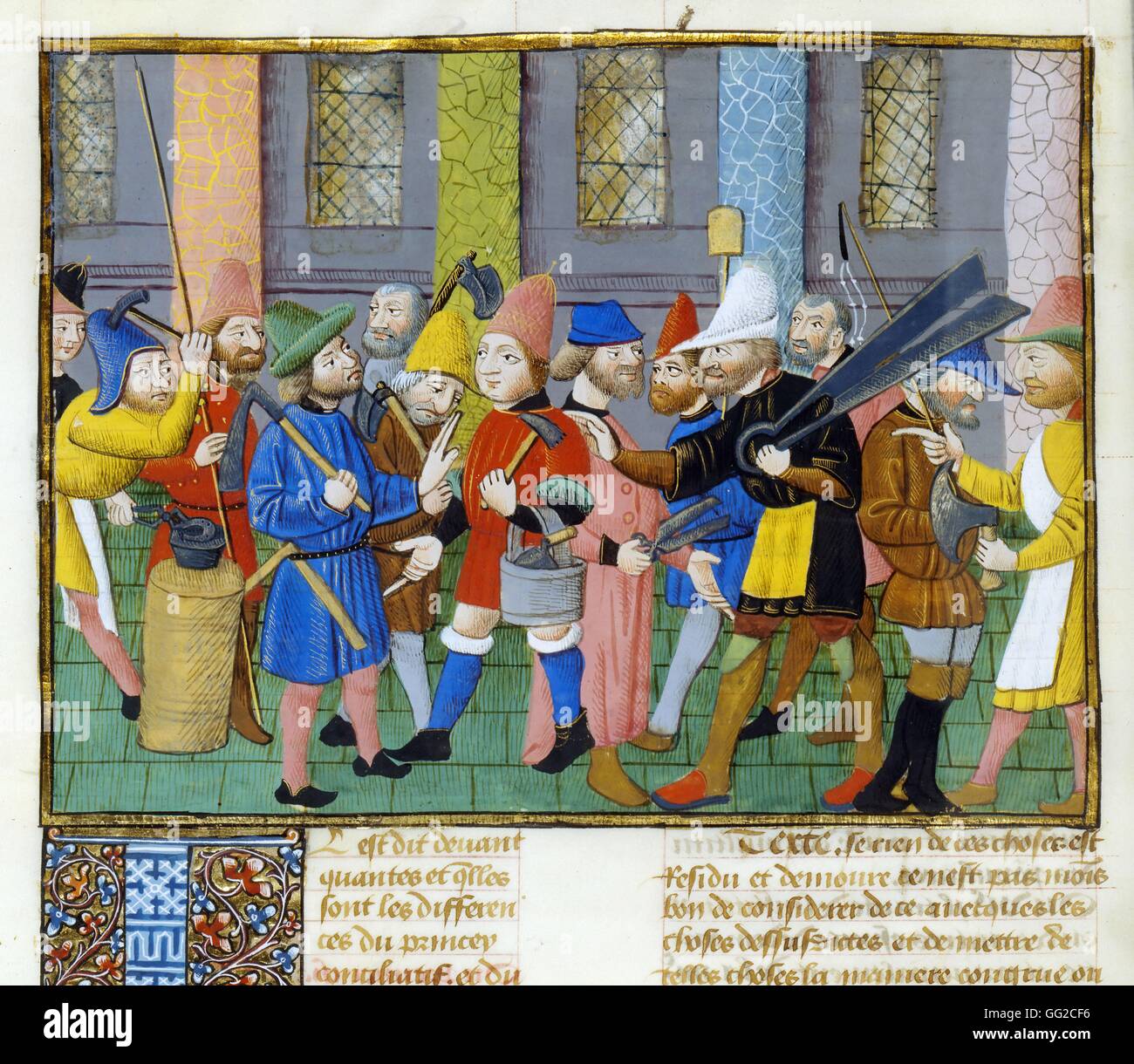 En miniature 'Politique' par Aristoteles. Traduction par Nicolas Oresme. Une réunion d'agriculteurs France 15e siècle Banque D'Images