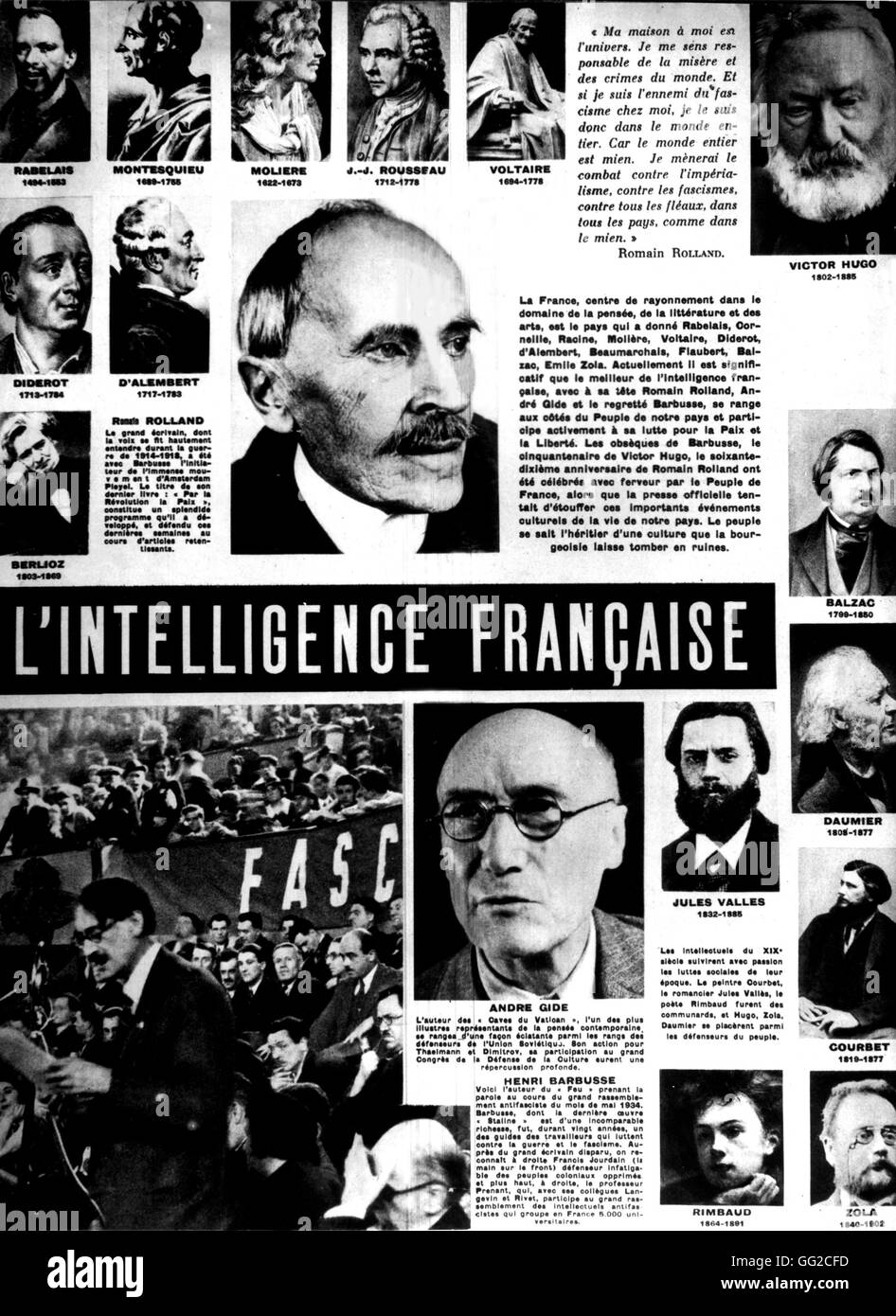 France - Notice de Front populaire du Parti communiste français au moment des élections. 'Le' : les intellectuels français Romain Rolland, André Gide, Henri Barbusse, Victor Hugo, Emile Zola, etc. 1936 Banque D'Images