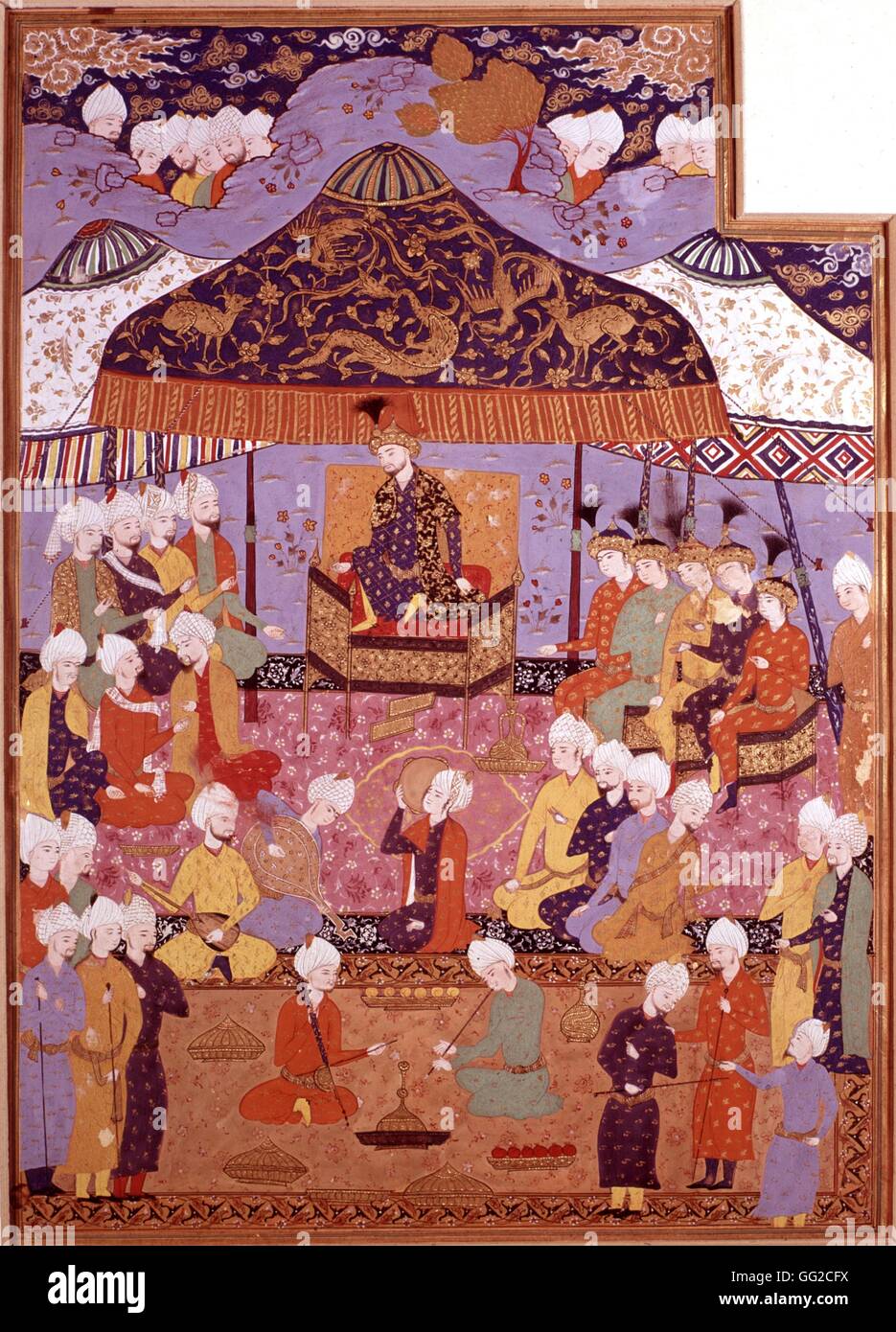 Miniature persane. Sagavid l'école. Une réception au palais du prince persan du 16ème siècle de l'école Paris, Musée Guimet Banque D'Images