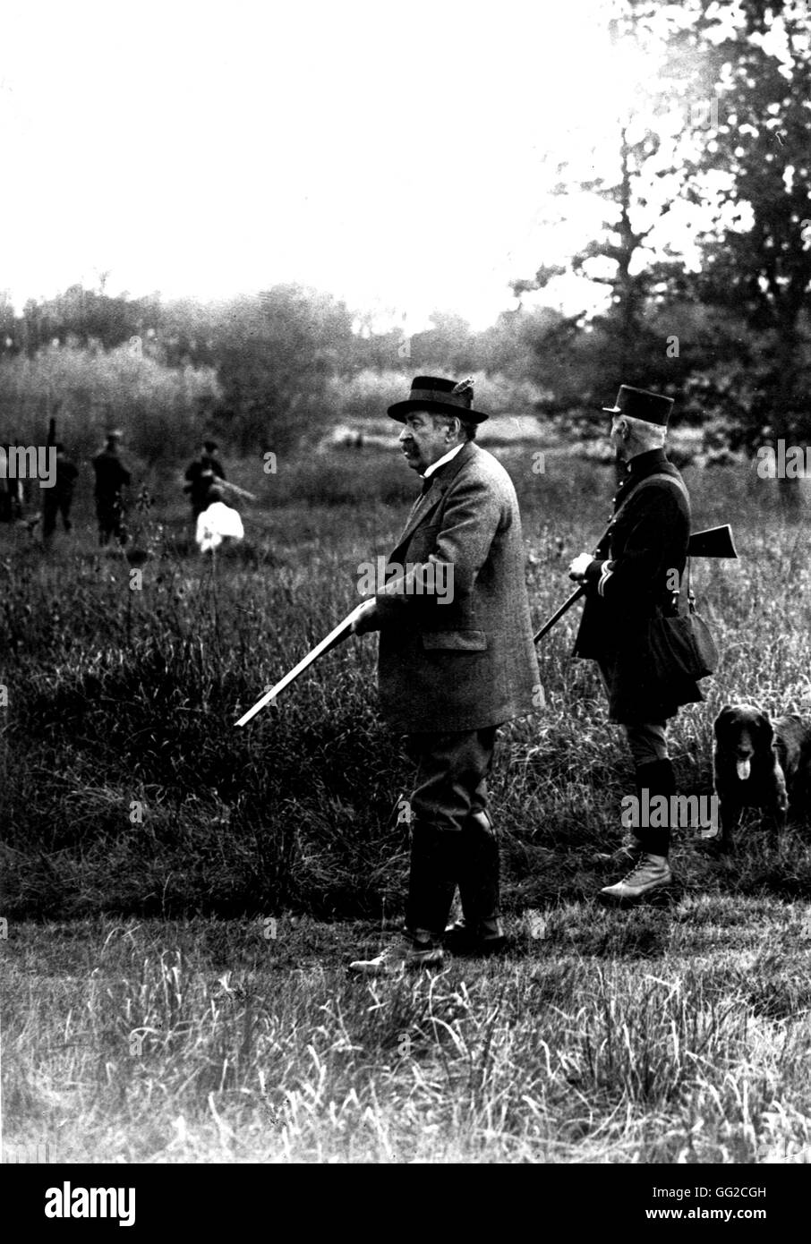 Aristide Briand, ministre des Affaires étrangères, la chasse avec le président de la République française, Gaston Doumergue, France Octobre 1928 Banque D'Images