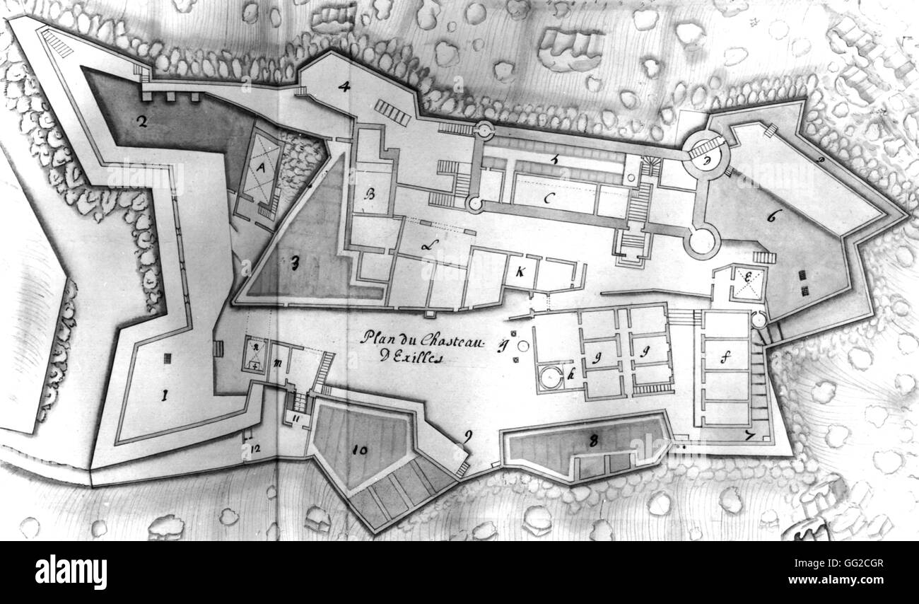 Plan du château d'Exilles, où l'homme au masque de fer a été emprisonné (Roman d'Alexandre Dumas) 17e siècle en Italie Banque D'Images