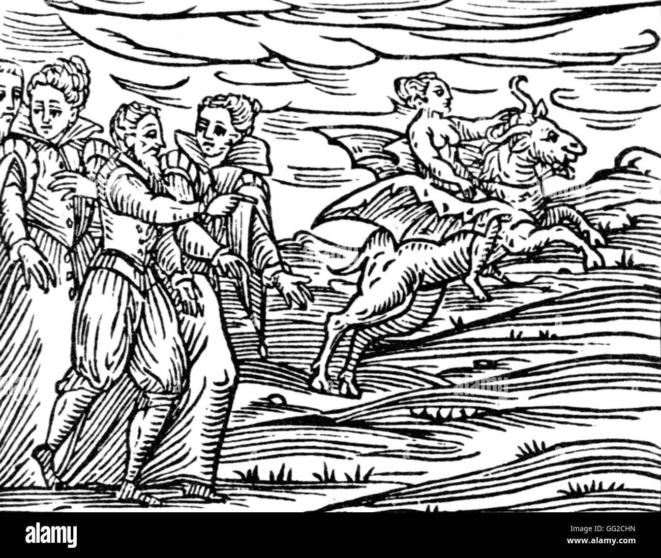 Les sorcières allant au sabbat des sorcières de la gravure sur bois 16ème siècle Banque D'Images
