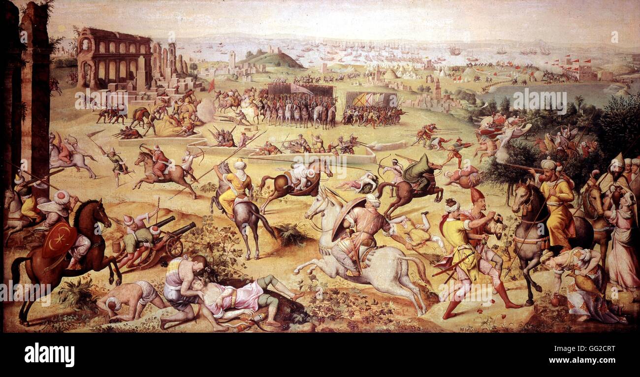 J. Cornelius Vermeyen (peintre qui accompagna Charles Quint dans son expédition contre Tunis en 1535).¶encerclement des troupes impériales de Charles Quint par les soldats du Seigneur barbaresque de Tunis sur le chemin de la Goulette, le port fortifié de Tun Banque D'Images