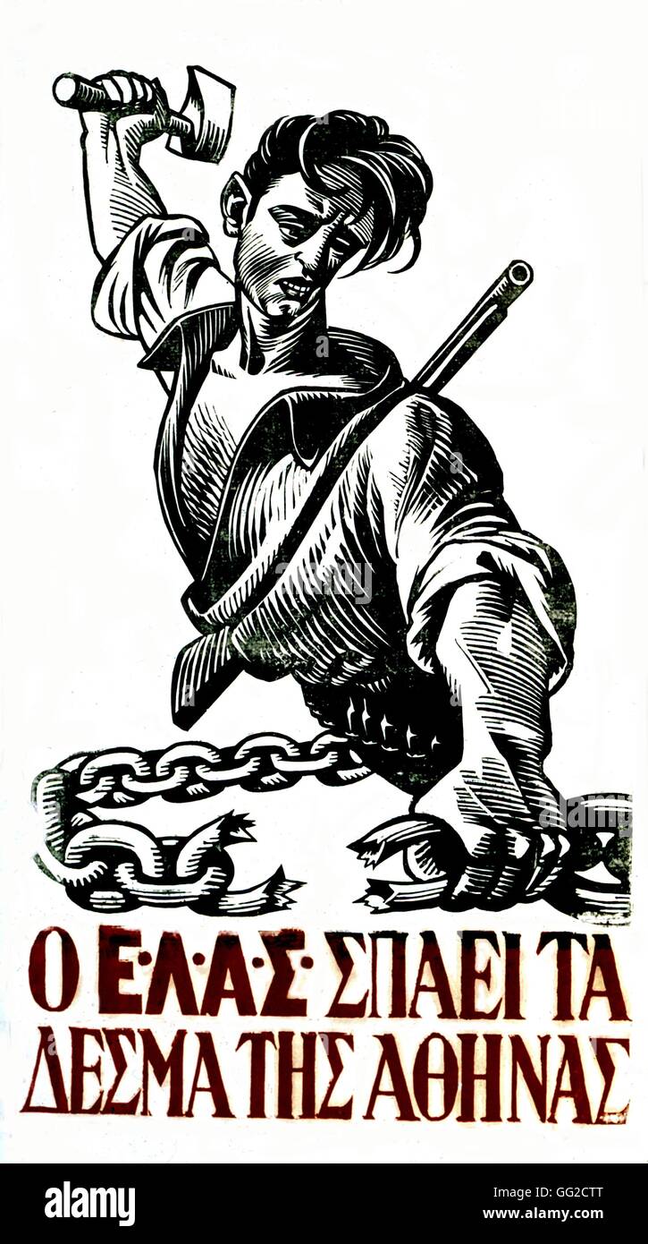 De l'affiche. 'Elas' (armée de libération populaire grecque), de briser les chaînes d''Athènes Grèce 1941-1944 - la deuxième guerre mondiale, Athènes, Gennadios Libray Banque D'Images
