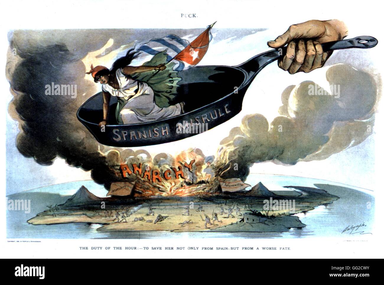 Caricature en 'Puck' : l'intervention américaine à Cuba 1899 United States Washington. Bibliothèque du Congrès Banque D'Images