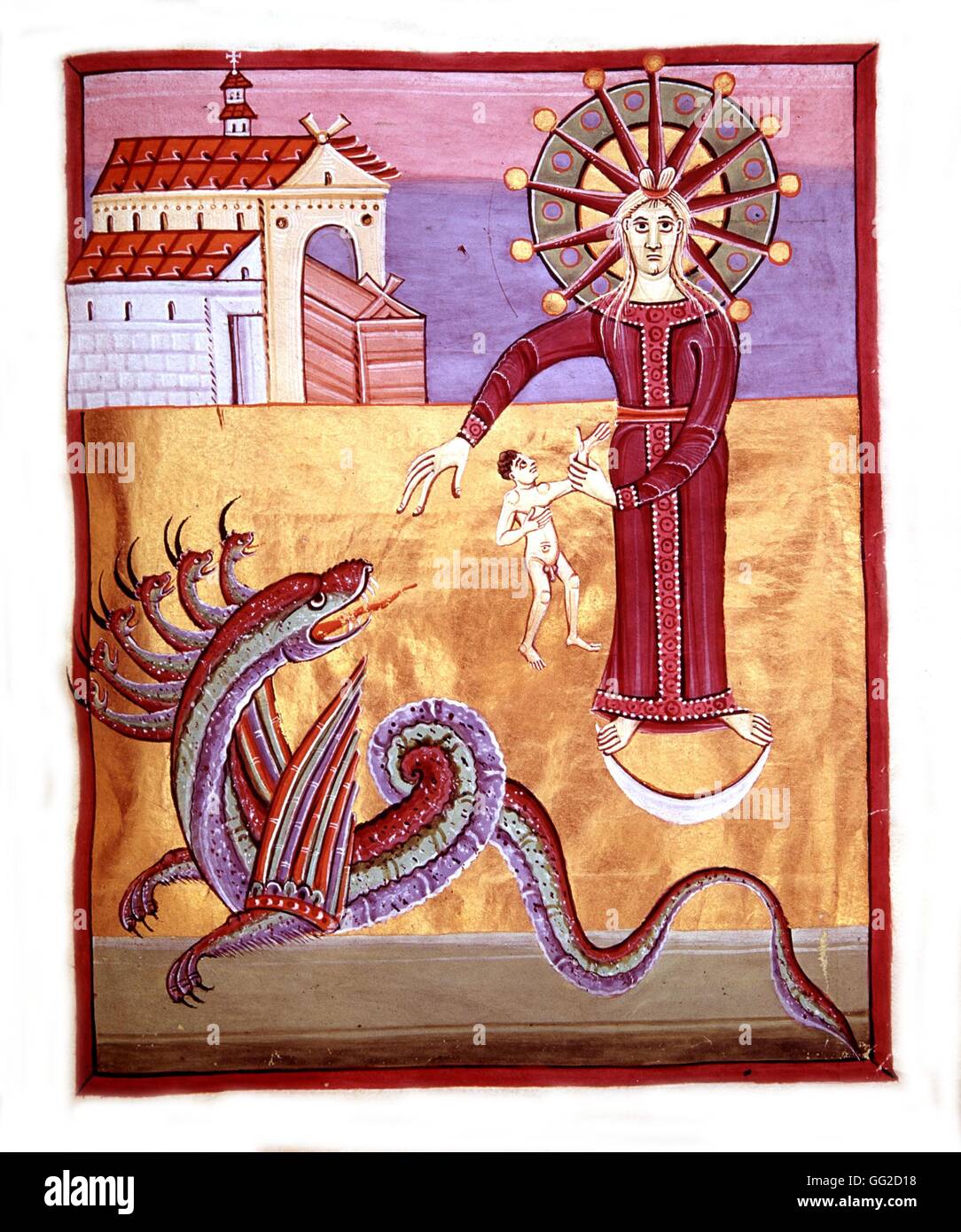 Apocalypse de Bamberg. Femme donnant naissance à un croissant de lune 11e siècle France Bibliothèque de Bamberg Banque D'Images