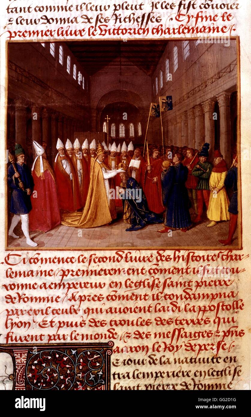 Jean Fouquet, Chroniques de Saint Denis. Couronnement de Charlemagne le jour de Noël, l'an 800, à la basilique Saint-Pierre à Rome, Italie. 15e siècle France Banque D'Images