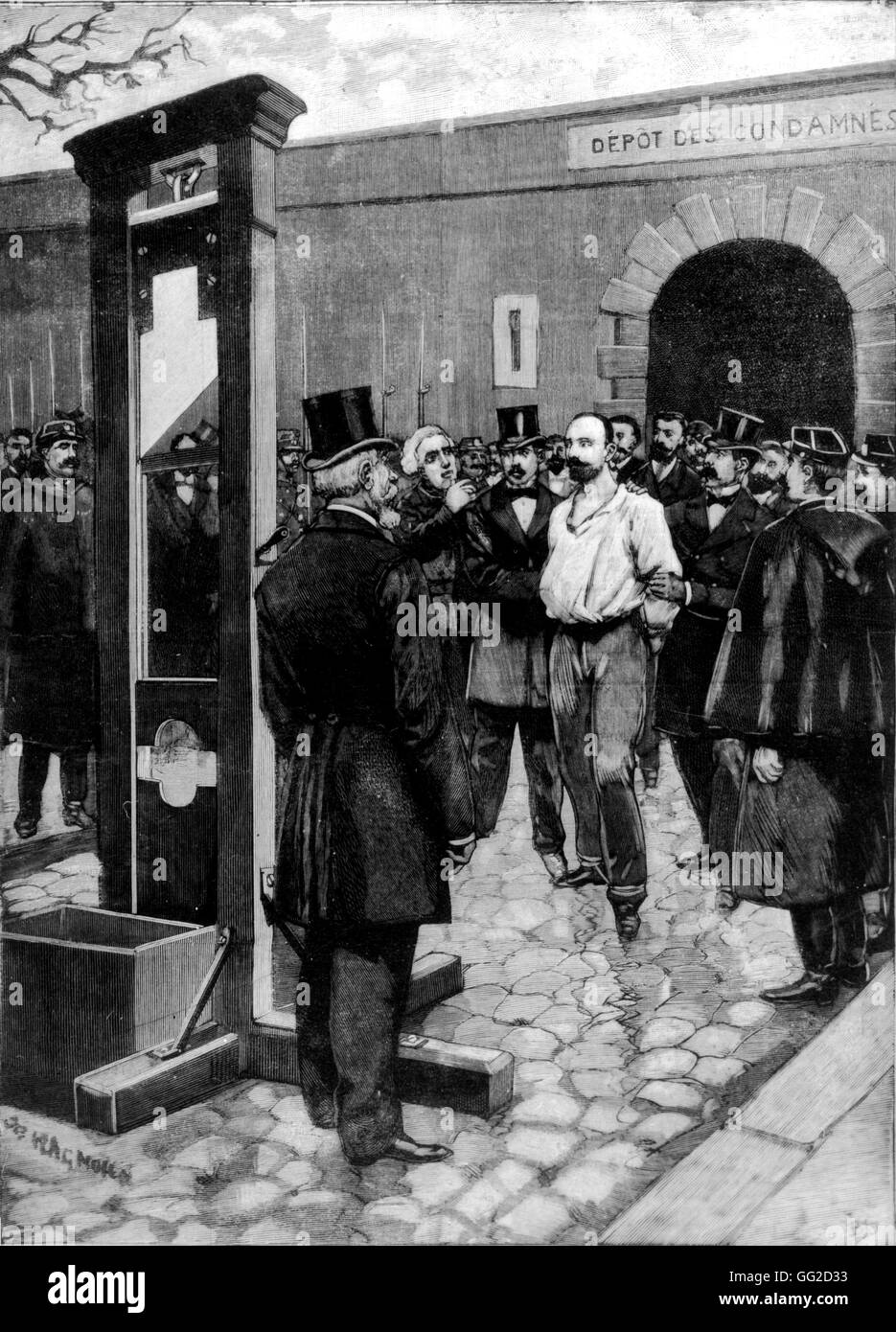 L'exécution de l'anarchiste Vaillant après le bombardement de la Chambre des Députés : le détenu n'est mener à l'extérieur de la prison de la Roquette 11 février 1894 France Banque D'Images