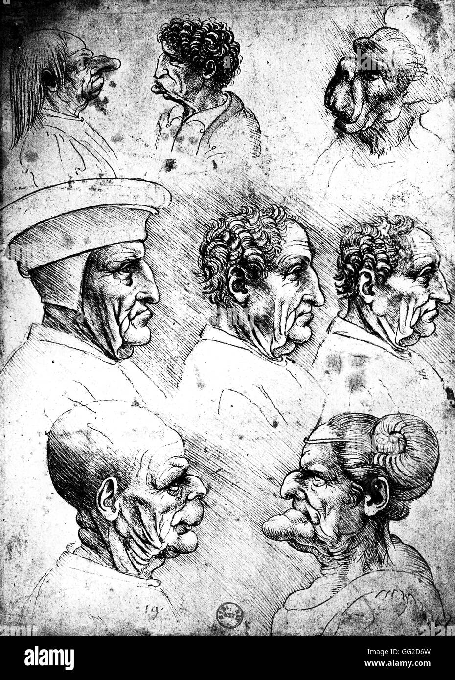 Leonardo da Vinci l'école italienne têtes grotesques 1502 Dessin à la craie publié dans 'Sketchs et études de têtes grotesques". Le dessin original est situé à la Bibliothèque Royale au château de Windsor. Oxford, Bodleian Library Banque D'Images