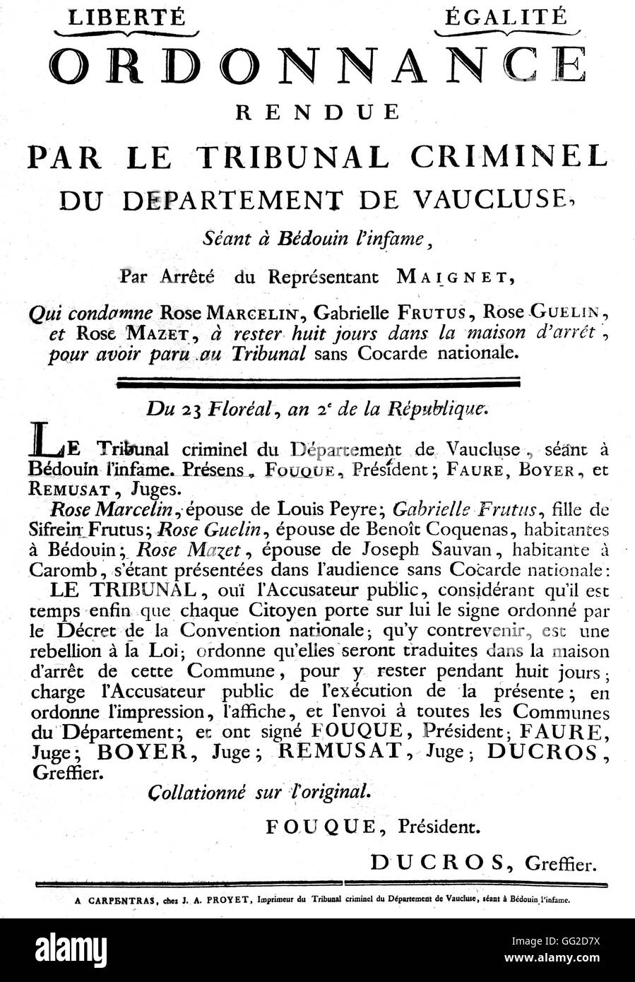 4 8 femmes condamnées à huit jours de prison pour avoir comparu en cour sans porter le badge tricolore national qui a été nécessaire à l'époque France 1794 - Révolution de 1789 à Paris. Bibliothèque nationale Banque D'Images