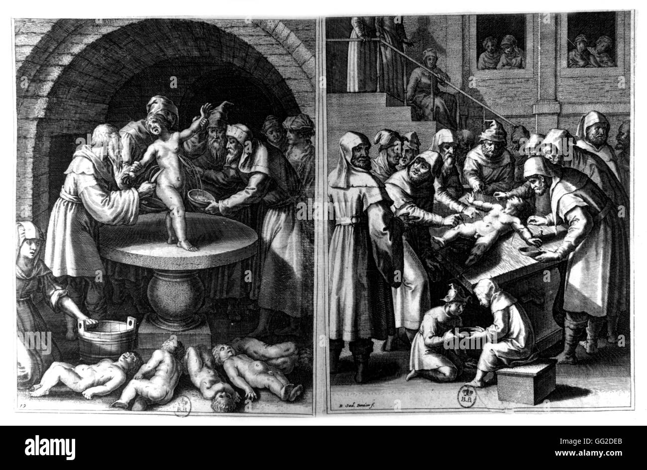 Burin de Raphaël Sadeler (1615-1628). Six enfants tués par les Juifs. (Raisons juridiques sont créés afin d'être en mesure de persécuter les Juifs) 17e Allemagne Paris. Bibliothèque nationale Banque D'Images