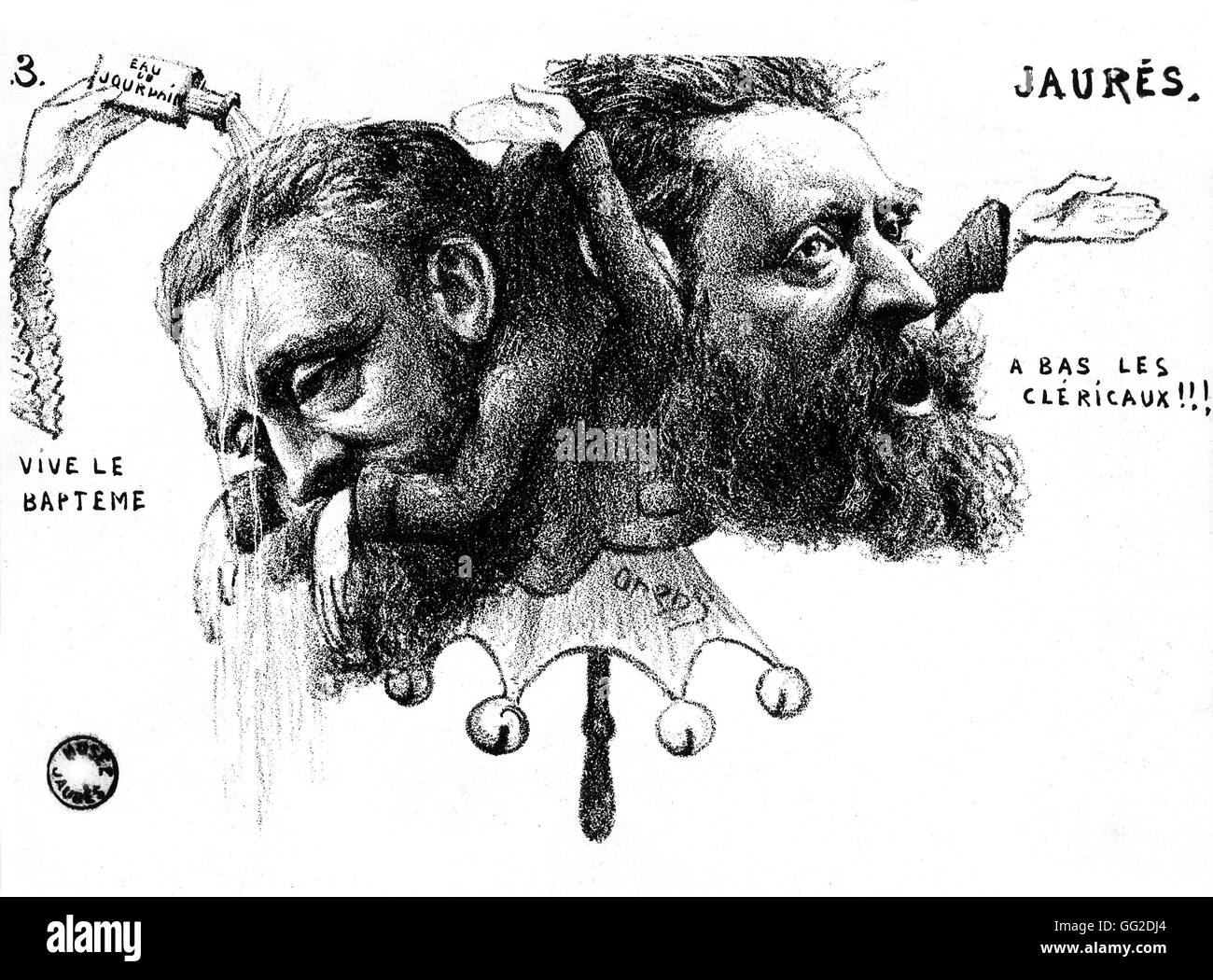 Carte postale de deux visages Jean Jaurès : la référence au baptême de ses deux enfants et sa position anticléricale Dessin par Orens début du xxe siècle France Castres. Musée Jaurès Banque D'Images
