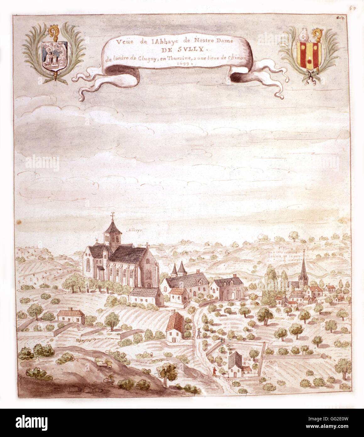Anonyme, vue sur l'abbaye de Sully, et l'église où a été baptisé Rabelais 16ème siècle France Banque D'Images