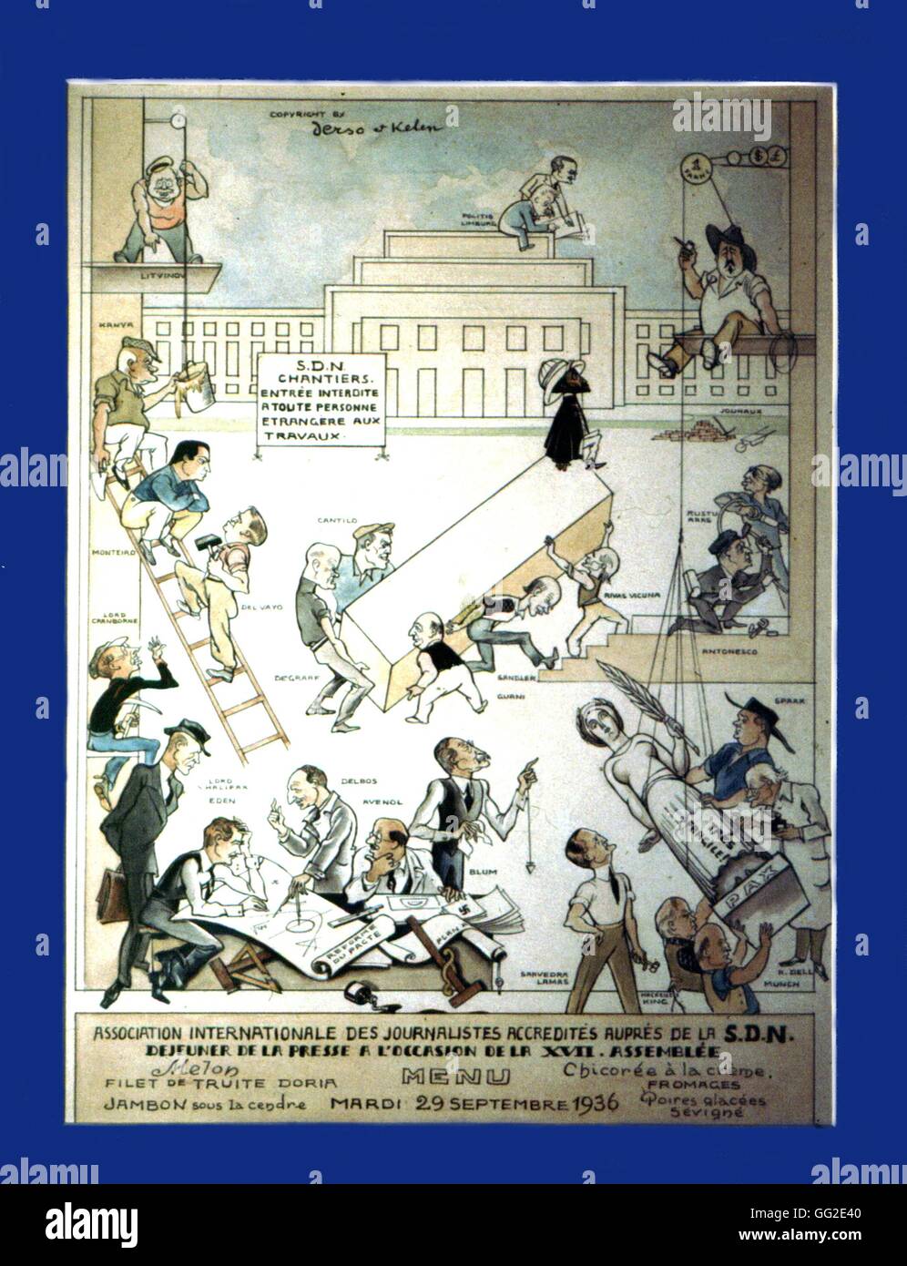 Caricature de Derso et Kelen. 17e assemblée générale de la Société des nations. Composée pour le menu de l'association internationale des journalistes. La reconstruction du Palais des Nations. 1936 Société des Nations Unies New York, Collection Kelen Banque D'Images