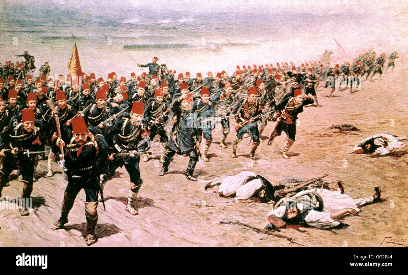 Populaire grecque imprimer agression de l'armée turque contre les Grecs au début du xxe siècle, guerre des Balkans, Athènes, collection privée Banque D'Images
