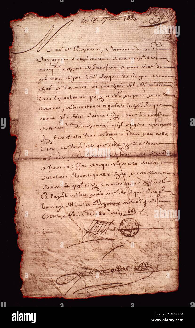 Manuscrit de Louis XIV pour donner d'Artagnan pour transférer de Vincennes Fouquet à la Bastille France, juin 1663 Banque D'Images