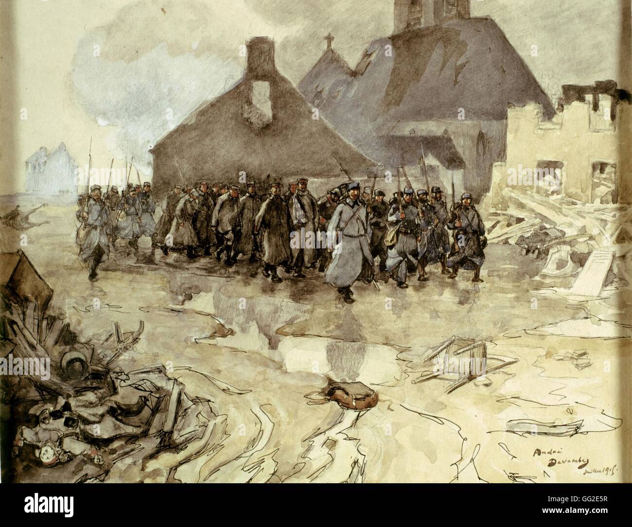 André Devambez (1867-1943) Le retour de la patrouille de France en juillet 1915, la Première Guerre mondiale /  <font color =red >Si ce travail est reproduit, l'autorisation doit faire l'objet d'une demande de l'ADAGP. Cliquez sur  <A HREF ='http://www.photo12.com/cie12/adagp.asp' target =" blank" >ici < Banque D'Images