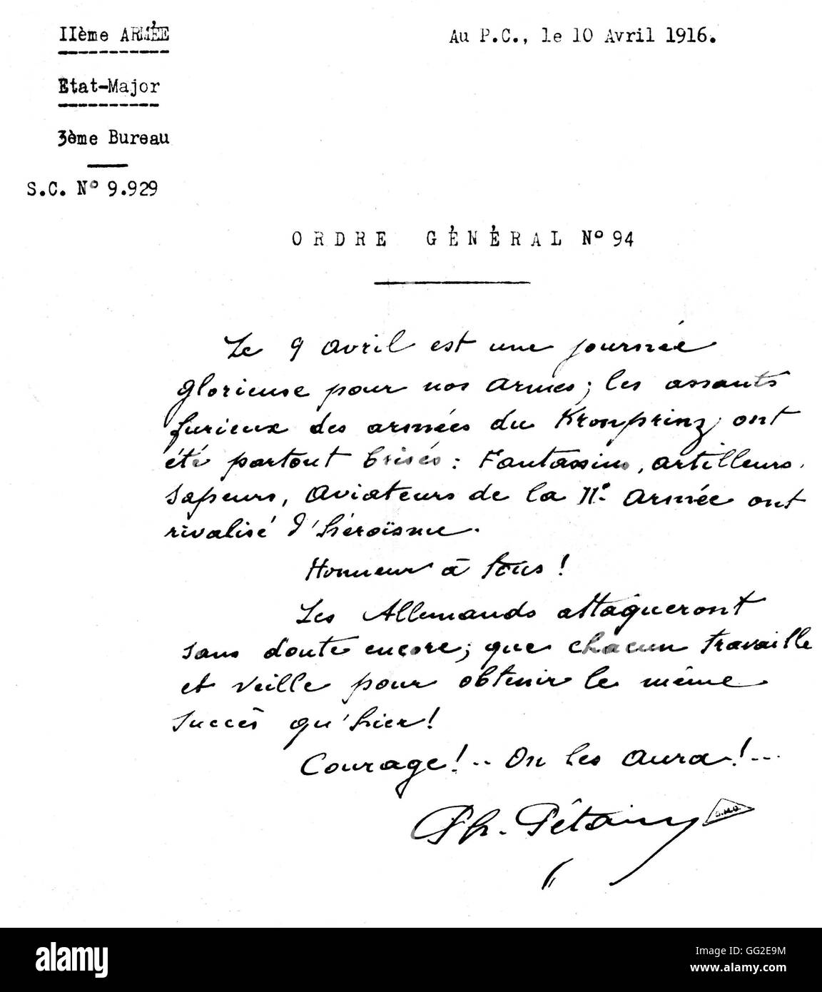 Le célèbre Ordre du jour du général français Pétain le 10 avril 1916 en France, la Première Guerre mondiale, Paris, Musée de la guerre Banque D'Images