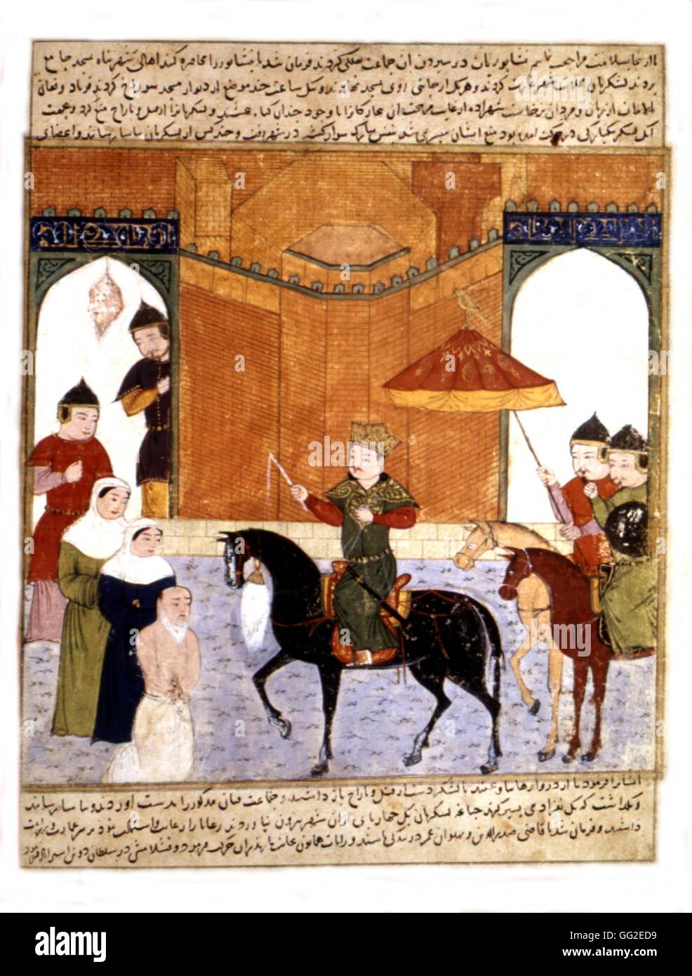 Manuscrit persan illustré de 106 tableaux : 'Jami'al Tawarikh" par Rachid ad-Dîn (Histoire des Mongols). Ghazan Khan ordonnant l'exécution d'un officier qui avait pillé la ville de Nichapour. 14ème siècle de l'école persane Banque D'Images