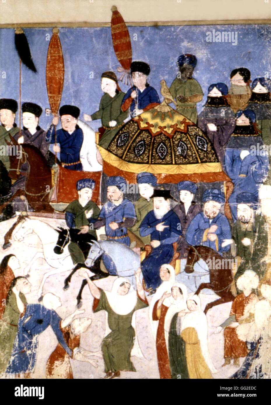 Manuscrit persan illustré de 106 tableaux : 'Jami'al Tawarikh" par Rachid ad-Dîn (Histoire des Mongols). Cercueil de Mahmoud Ghazan, transférée à Tabriz (1304) de l'école persane 14e siècle Banque D'Images