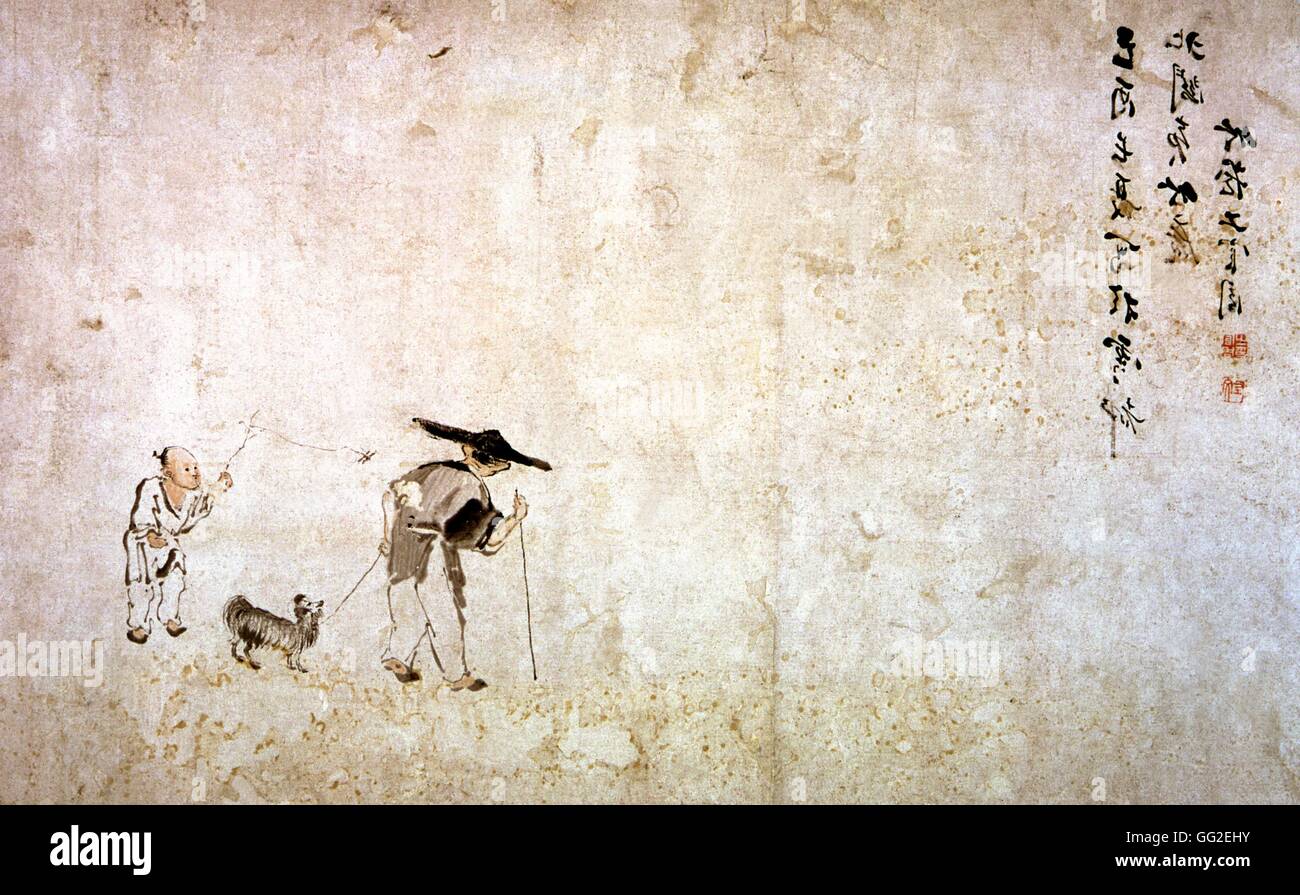 Scène de la vie paysanne. Chou-Chuan Kung. Huarchon «Hakimono» la Chine du 16ème siècle, collection privée Banque D'Images