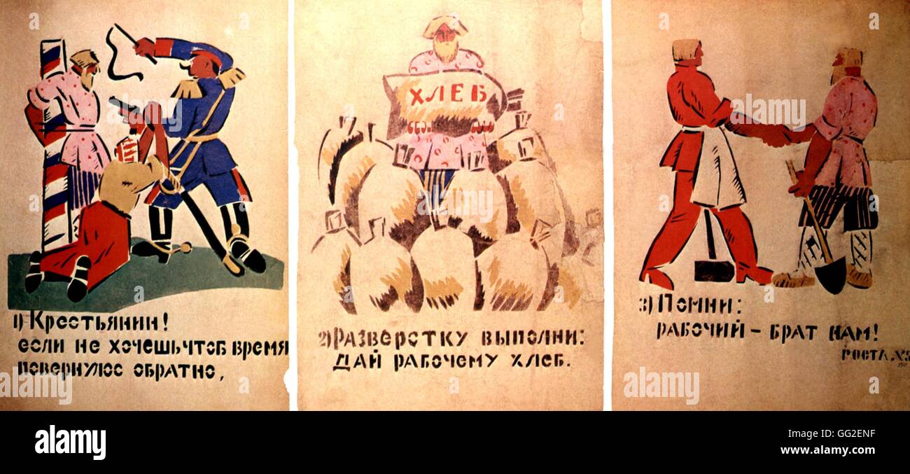 Affiche de propagande par Anshei Nuremberg : "Les agriculteurs ! Si vous ne souhaitez pas en arrière dans le passé...' 47 x 100 cm/chaque 1920 URSS Banque D'Images