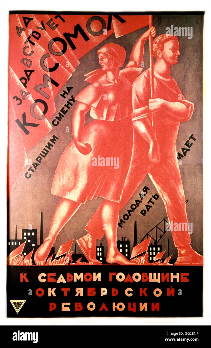L'affiche de propagande par Alexandre Samokjvalov : "à l'occasion du 7e anniversaire de la Révolution, vive l'Organisation de la Jeunesse communiste. Les jeunes vont prendre le relais". 93 x 60 cm 1924 URSS Banque D'Images