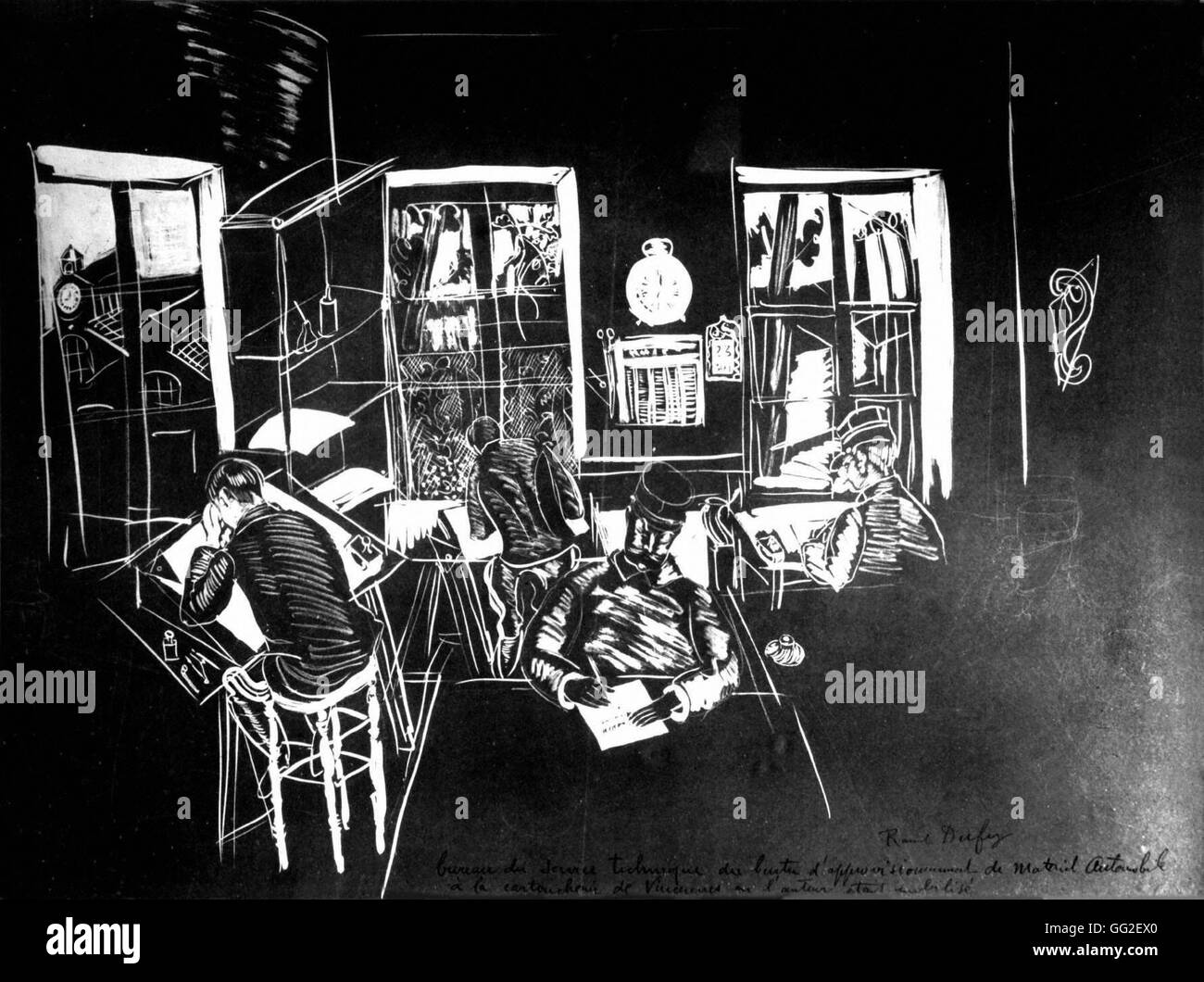 La Première Guerre mondiale. Bureau du service technique du Centre pour les fournitures de matériel automobile à la Cartoucherie (dépôt) de la cartouche de Vincennes. Gravure de Raoul Dufy (1877-1953), qui y ont travaillé pendant la guerre. France Vincennes. Musée de la guerre ( Banque D'Images