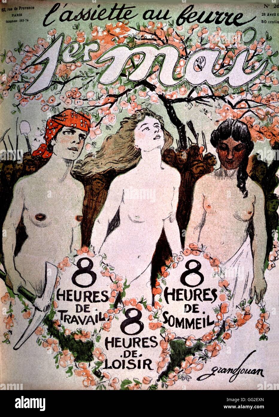 Poster par Grandjouan publié dans le magazine satirique "l'assiette au  beurre". 24 mai : 8 heures de travail, 8 heures de loisir, 8 heures de  sommeil 1 mai 1906 France Photo Stock - Alamy