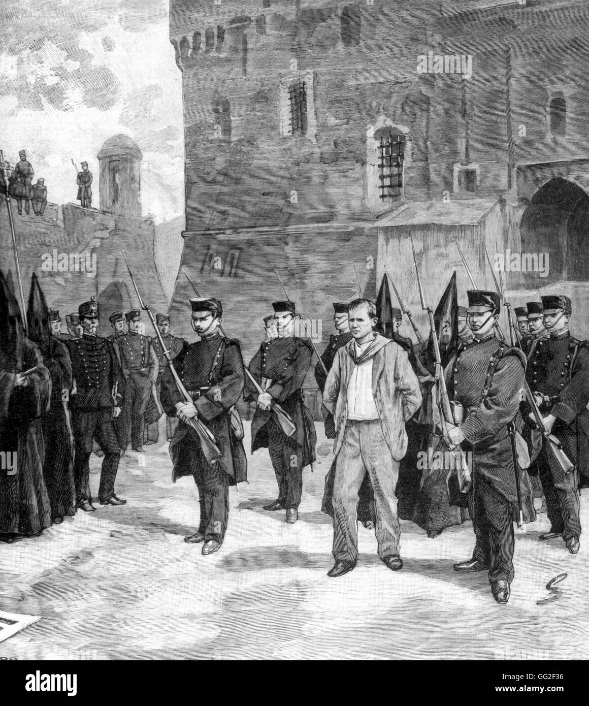L'anarchiste Salvador condamné à mort. Il est tenu de sa cellule et conduit à une chapelle. Juillet 1894 Espagne Banque D'Images