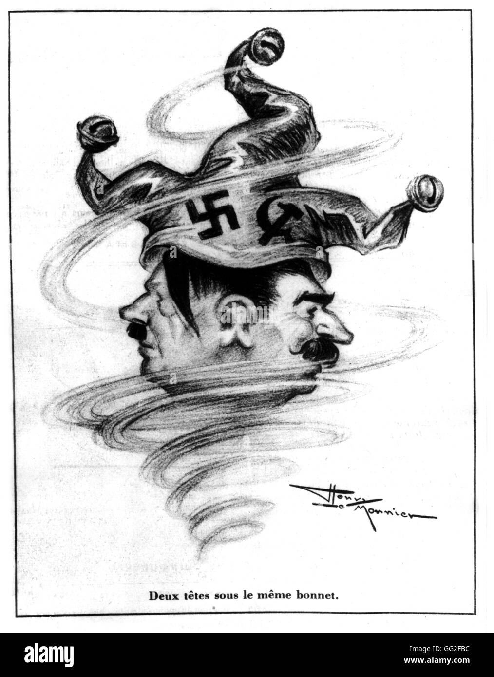 Dessin animé satirique par Henri Le Monnier, publié dans 'Marianne' : deux têtes sous le même chapeau. Hitler et Staline, le 13 décembre 1939 France - Seconde Guerre mondiale Banque D'Images