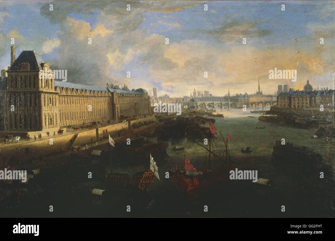 Anonyme La Grande Galerie du Louvre, la Cité, Pont Neuf et Collège Mazarin autour de 1670. Sur la Seine, la galerie royale. Huile sur toile Paris, musée Carnavalet Banque D'Images