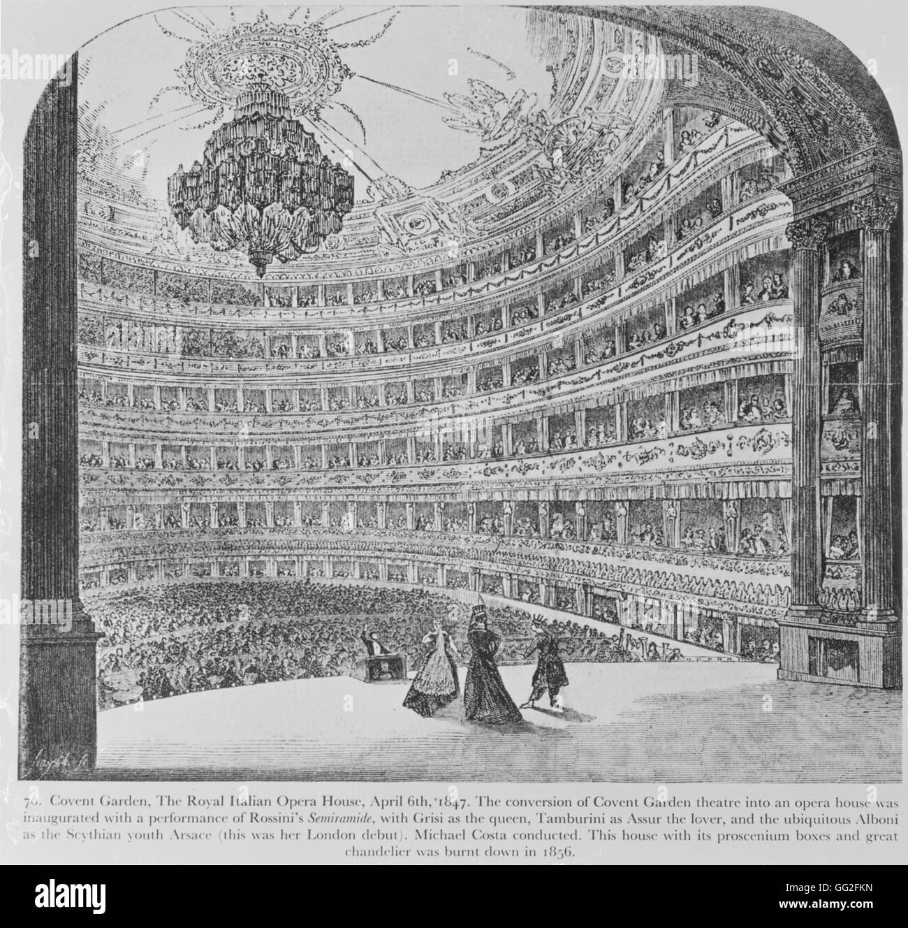 Le Royal Italian Opera House de Londres, également connu sous le nom de Covent Garden Theatre, nommé d'après le quartier où il est situé. Gravure réalisée après la rénovation de l'auditorium. À partir de cette date, le Royal Opera House est devenu le Royal Italian Opera Banque D'Images