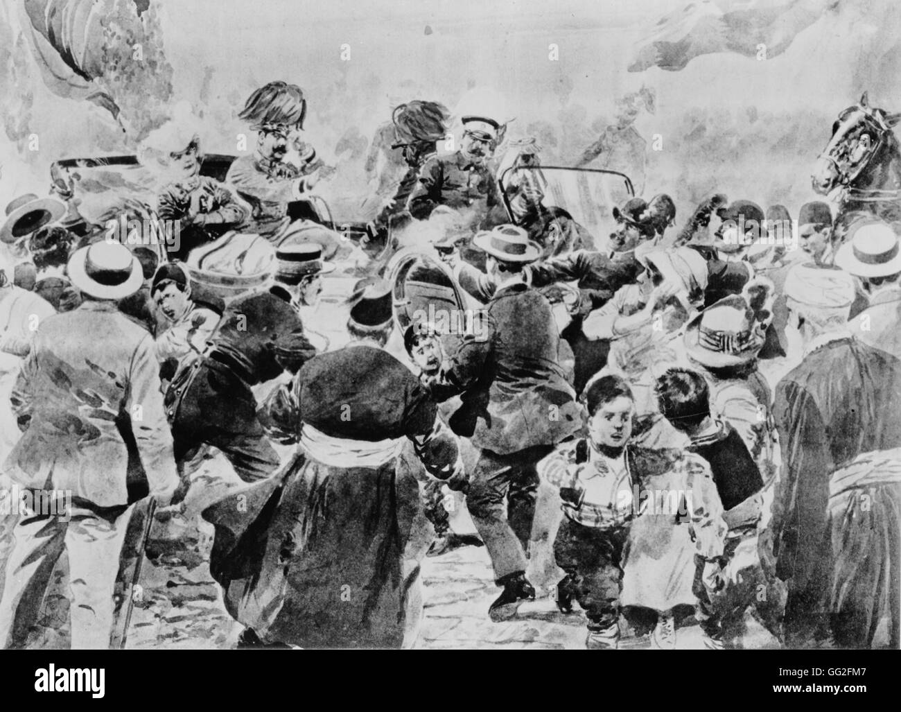 Première Guerre Mondiale. Tentative d'assassinat à Sarajevo, le 28 juin 1914. L'archiduc François-Ferdinand et de son épouse la duchesse de Hohenberg, ont été assassinés par le nationaliste serbe, Gavrilo Princip. Banque D'Images