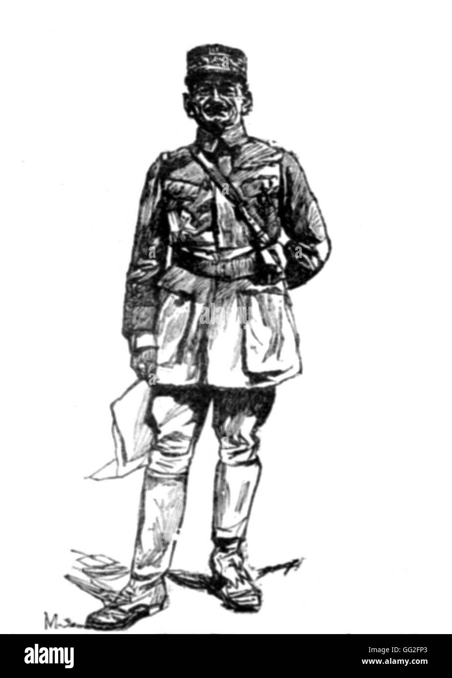 Première Guerre mondiale. Général Mangin prenant le commandement de la 10e armée, le 16 juin 1918, qui lutte dans la deuxième bataille de la Marne. Dessin de Lucien Jonas. Gravure de Malcouronne. Banque D'Images