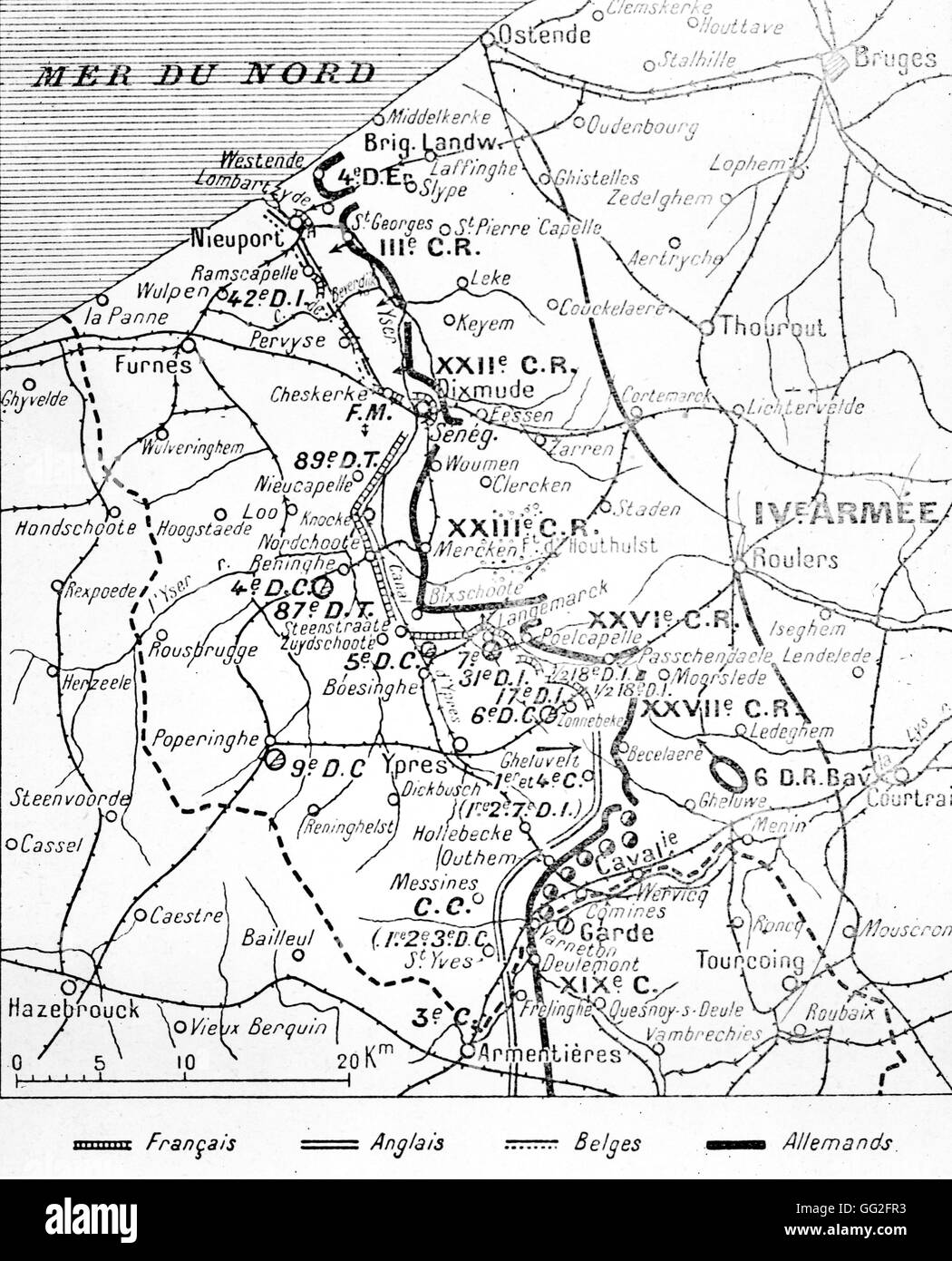 Première Guerre mondiale. Carte indiquant les Français, anglais, belges et allemands des positions sur la Flandre, avant le 27 octobre 1914. Banque D'Images
