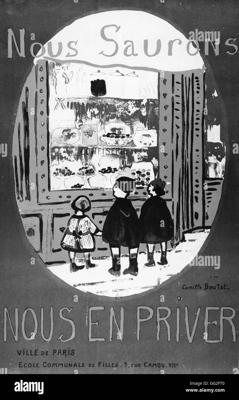 Première Guerre mondiale, 1917. Dessin de Camille Boutet : 'Nous allons nous priver. Ville de Paris. École municipale pour les filles. 1, rue des Bourdonnais. VIIIe'. Banque D'Images