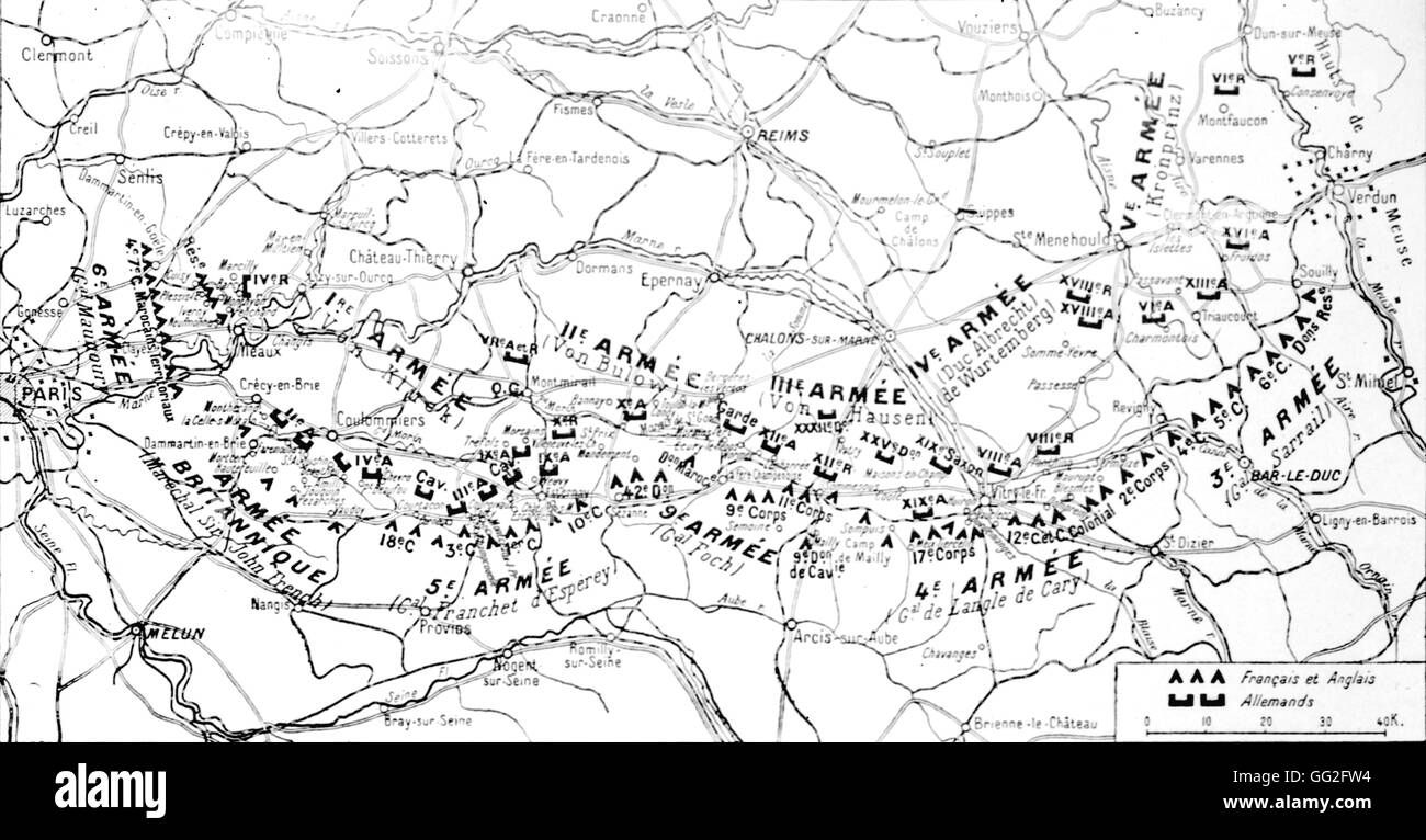 Première Guerre mondiale. Plan de l'emplacement de l'armée le 5 septembre 1914, le début de la bataille de la Marne. Banque D'Images