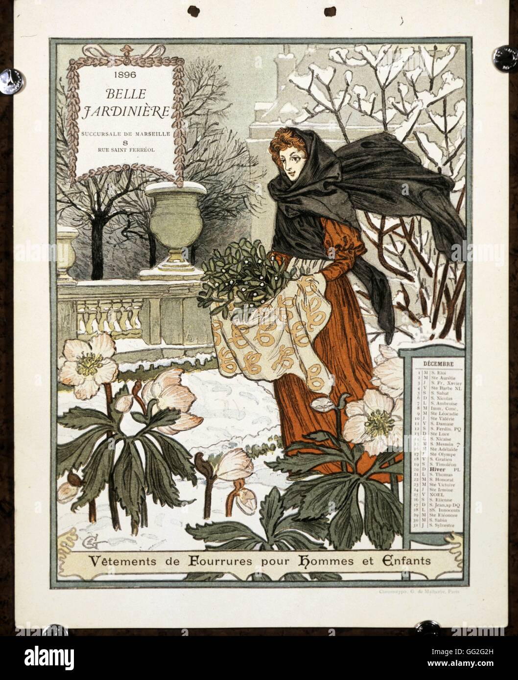 Eugène Grasset école française page Calendrier de La Belle Jardiniere, année 1896 : le mois de décembre le dessin Banque D'Images